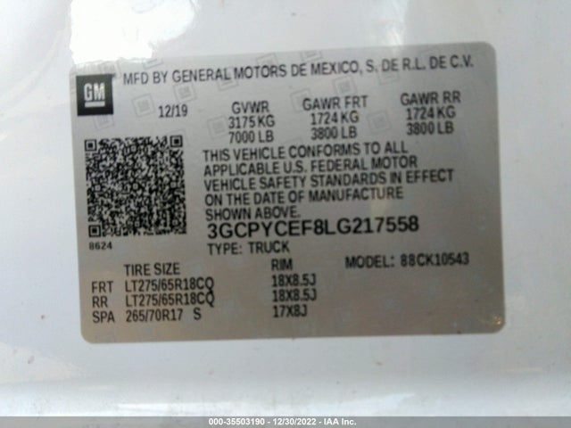 2020 CHEVROLET SILVERADO 1500 CUSTOM TRAIL BOSS VIN: 3GCPYCEF8LG217558
