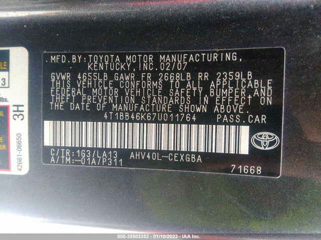 Auction sale of the 2007 Toyota Camry Hybrid, vin: 4T1BB46K67U011764, lot number: 35503352