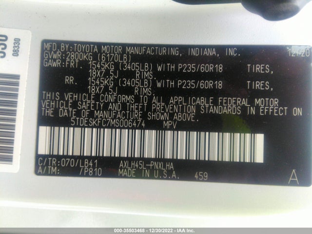 2021 Toyota Sienna, VIN: 5TDESKFC7MS006474