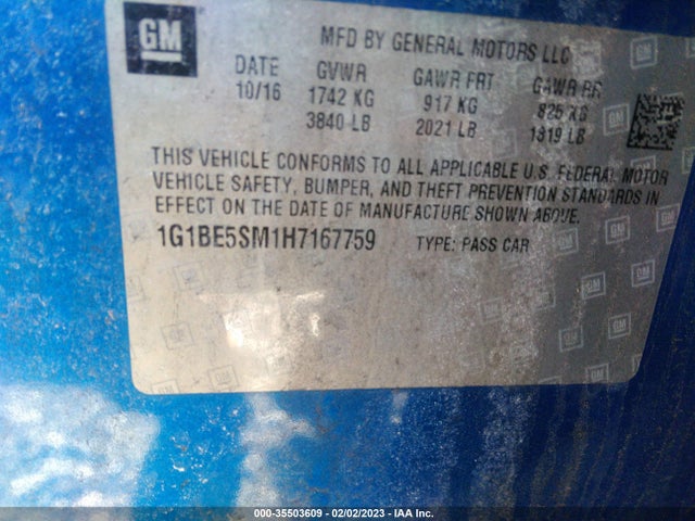 35503609 :رقم المزاد ، 1G1BE5SM1H7167759 vin ، 2017 Chevrolet Cruze Lt مزاد بيع