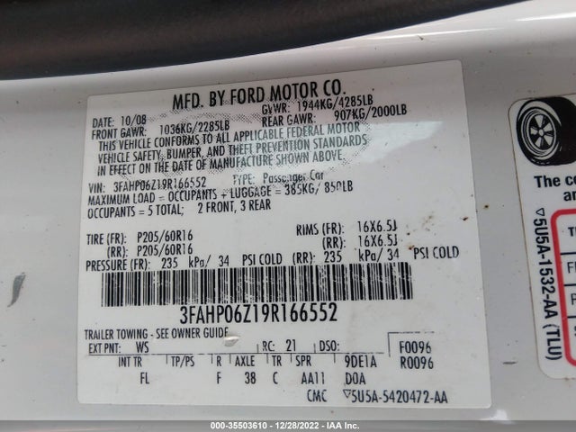 2009 FORD FUSION S VIN: 3FAHP06Z19R166552