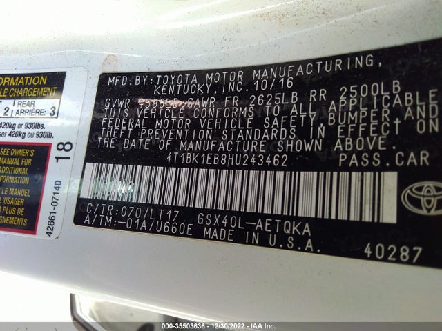 2017 Toyota Avalon, VIN: 4T1BK1EB8HU243462