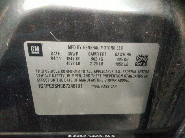 2011 CHEVROLET CRUZE LS VIN: 1G1PC5SH0B7248791