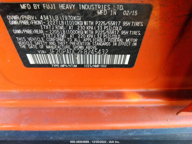 Subaru XV CROSSTREK 2015 JF2GPADC2F8245432 Image 9