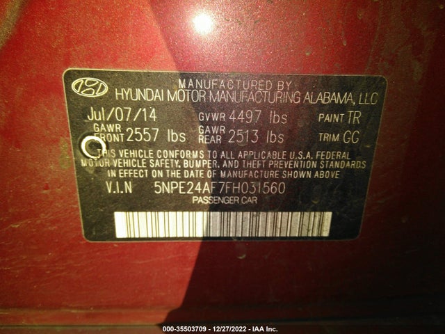 2015 HYUNDAI SONATA 2.4L SE VIN: 5NPE24AF7FH031560