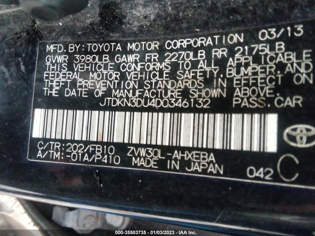 2013 TOYOTA PRIUS ONE/TWO/THREE/FOUR/FIVE VIN: JTDKN3DU4D0346132