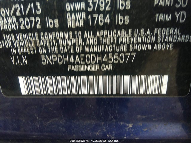 2013 HYUNDAI ELANTRA LIMITED VIN: 5NPDH4AE0DH455077