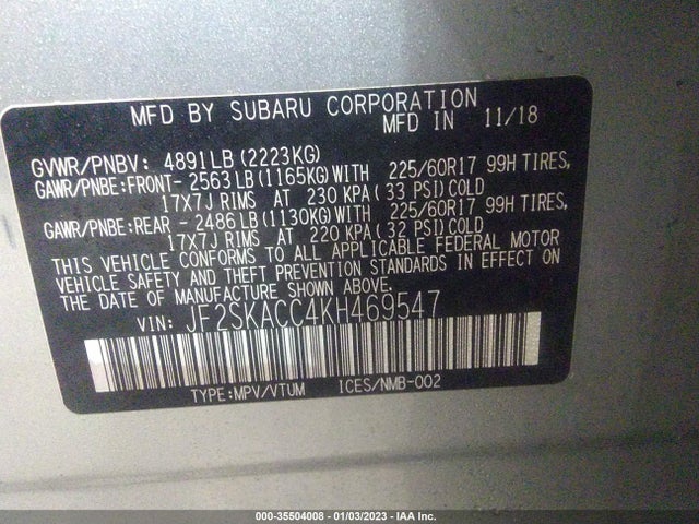 2019 SUBARU FORESTER VIN: JF2SKACC4KH469547