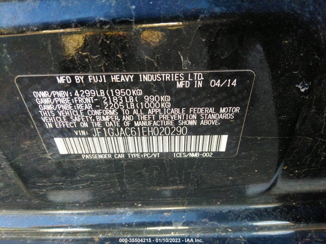 2014 SUBARU IMPREZA SEDAN PREMIUM VIN: JF1GJAC61EH020290
