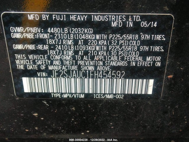 2015 SUBARU FORESTER 2.5I TOURING VIN: JF2SJAUC1FH454592