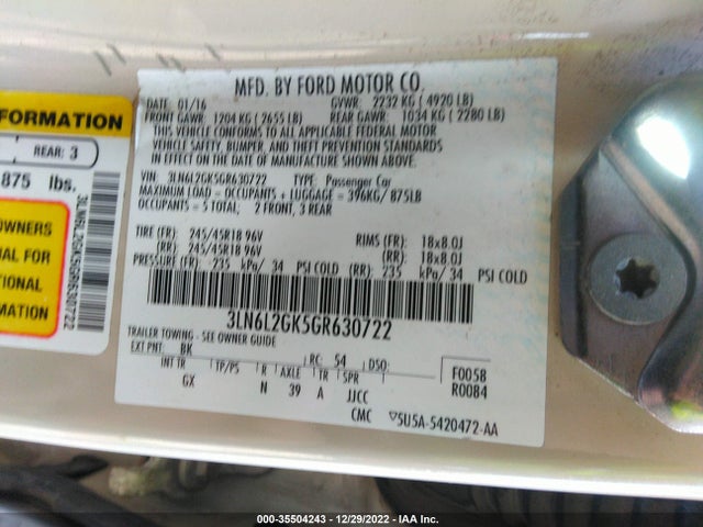 Lincoln MKZ 2016 3LN6L2GK5GR630722 Image 10