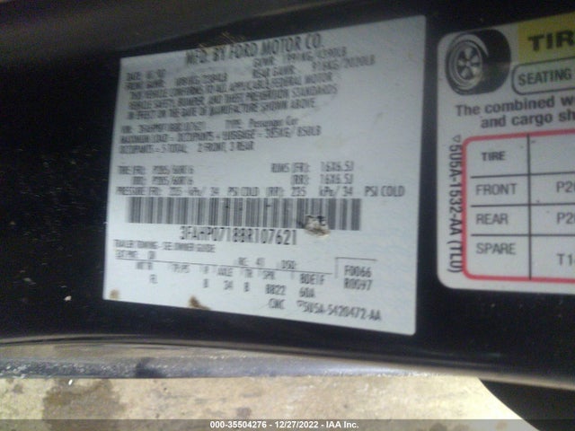 2008 FORD FUSION SE VIN: 3FAHP07188R107621