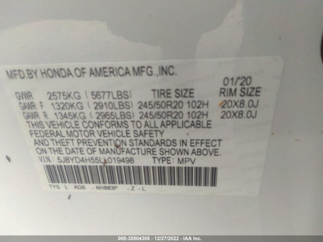 2020 Acura MDX, VIN: 5J8YD4H55LL019498