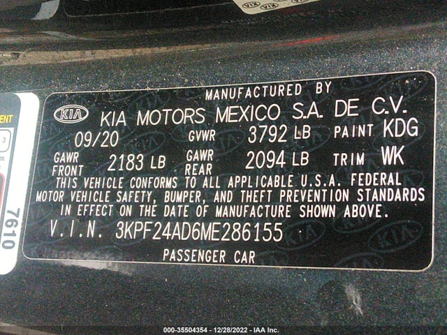 2021 KIA FORTE LXS VIN: 3KPF24AD6ME286155