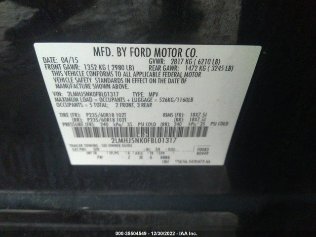 Lincoln MKT 2015 2LMHJ5NK0FBL01317 Image 9