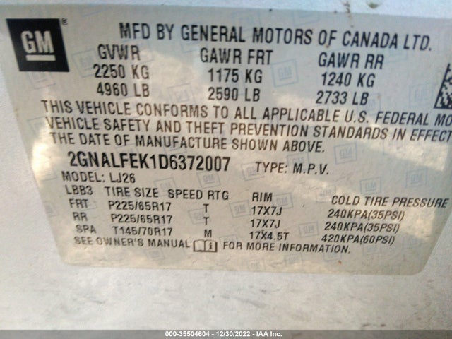 2013 CHEVROLET EQUINOX LTZ VIN: 2GNALFEK1D6372007