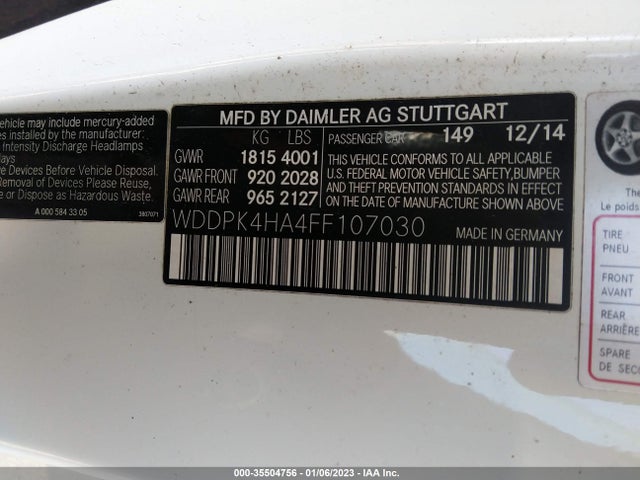 2015 MERCEDES-BENZ SLK-CLASS SLK 250 VIN: WDDPK4HA4FF107030