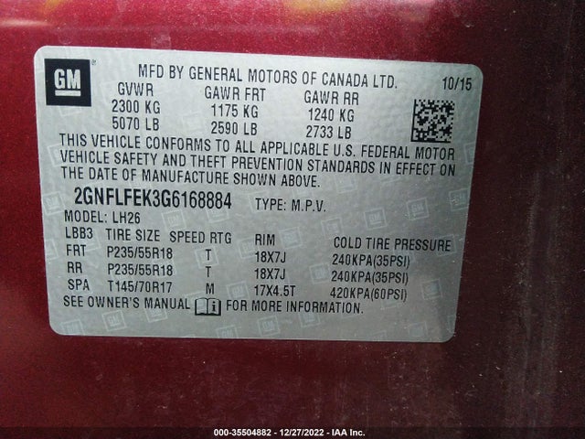 2016 Chevrolet Equinox, VIN: 2GNFLFEK3G6168884