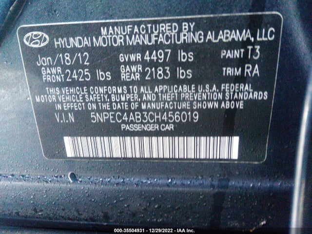 2012 HYUNDAI SONATA 2.0T SE VIN: 5NPEC4AB3CH456019