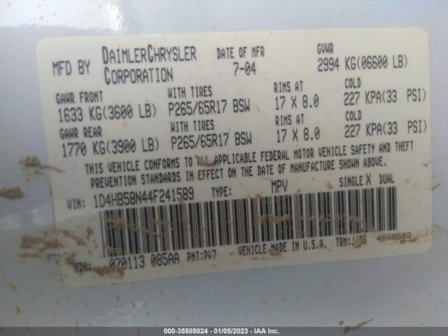 Dodge DURANGO LIMITED 2004 1D4HB58N44F241589 Image 10