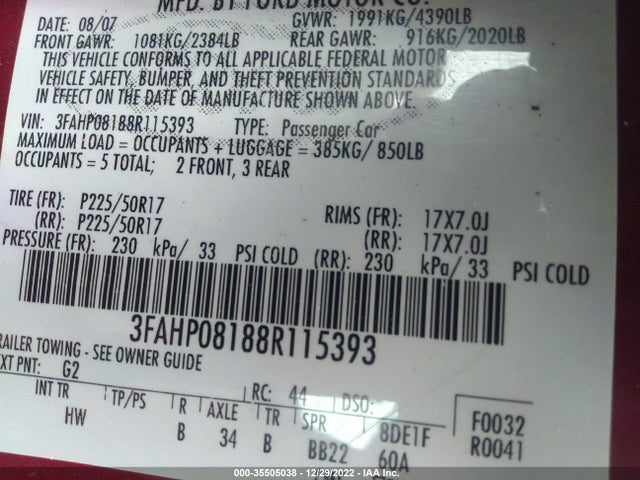2008 FORD FUSION SEL VIN: 3FAHP08188R115393
