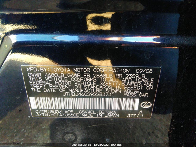 Lexus ES 350 2009 JTHBJ46G292283731 Image 11