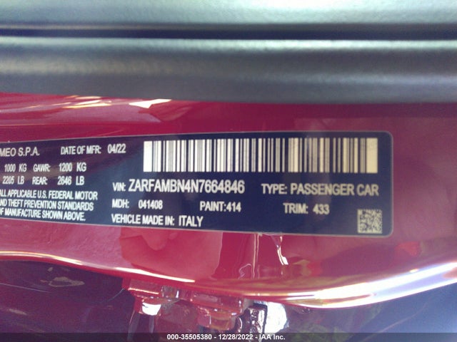 2022 Alfa Romeo Giulia, VIN: ZARFAMBN4N7664846