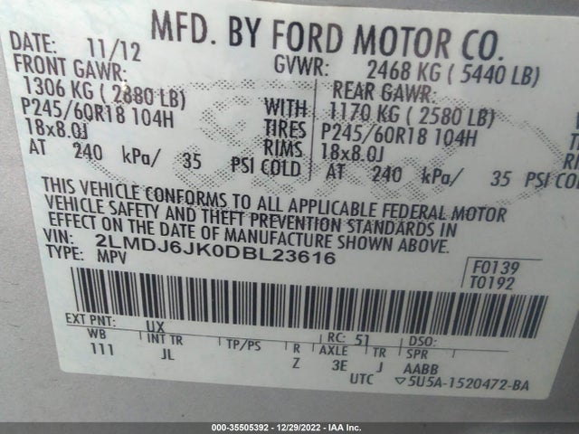 Lincoln MKX 2013 2LMDJ6JK0DBL23616 Image 10