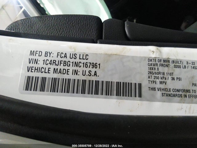 1C4RJFBG1NC167961 Jeep Grand Cherokee Wk Limited