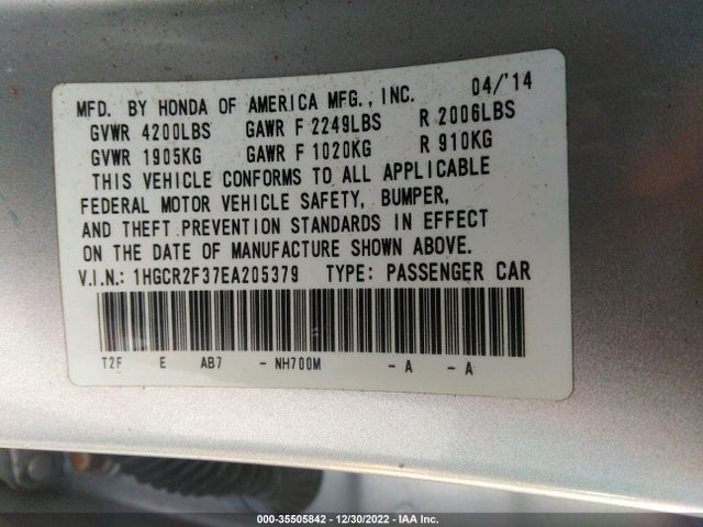2014 HONDA ACCORD SDN LX VIN: 1HGCR2F37EA205379