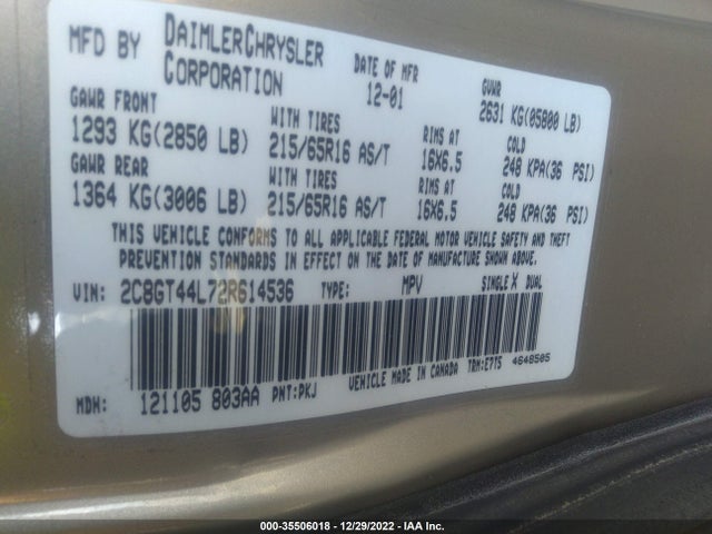 2002 CHRYSLER TOWN & COUNTRY LX VIN: 2C8GT44L72R614536