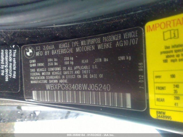 BMW X3 2008 WBXPC93408WJ05240 Image 10