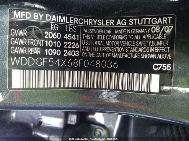 2008 MERCEDES-BENZ C-CLASS 3.0L VIN: WDDGF54X68F048036