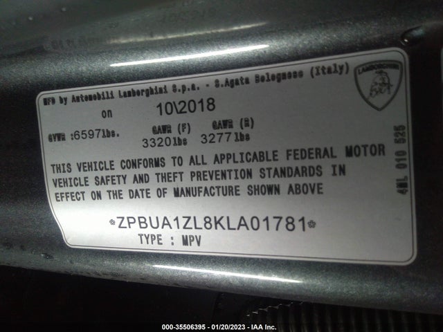 2019 Lamborghini URUS, VIN: ZPBUA1ZL8KLA01781