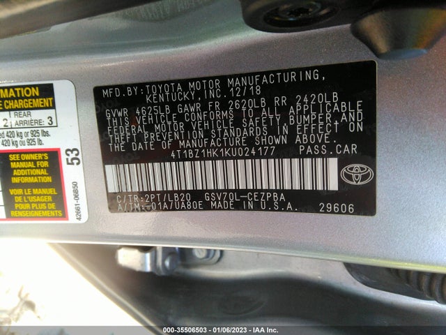 Toyota Camry 2019 4T1BZ1HK1KU024177 Image 10