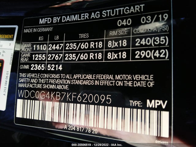 2019 Mercedes-Benz GLC-Class, VIN: WDC0G4KB7KF620095
