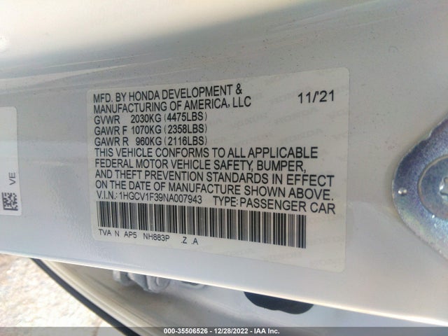 2022 HONDA ACCORD SEDAN SPORT VIN: 1HGCV1F39NA007943