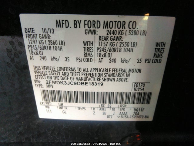 2013 FORD EDGE SEL VIN: 2FMDK3JC9DBE18319