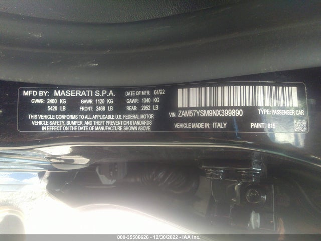 2022 Maserati Ghibli, VIN: ZAM57YSM9NX399890
