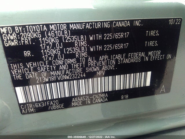 2022 Toyota RAV4, VIN: 2T3W1RFV0NW232244