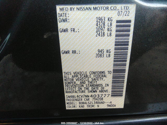 2022 Nissan Altima, VIN: 1N4BL4CV7NN403777