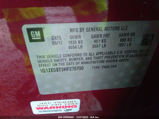 Chevrolet MALIBU LT 2017 1G1ZE5ST9HF276790 Image 9