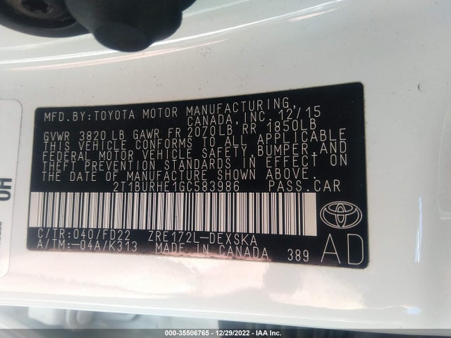 2016 TOYOTA COROLLA L/LE/S/S PLUS/LE PLUS VIN: 2T1BURHE1GC583986