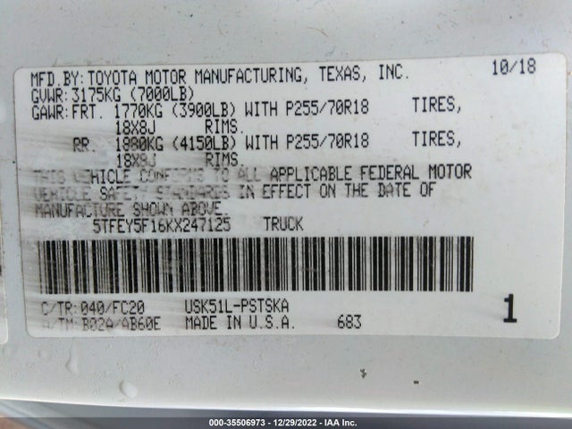 2019 Toyota Tundra, VIN: 5TFEY5F16KX247125