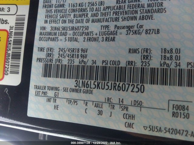 3LN6L5KU5JR607250 Lincoln Mkz Hybrid Premiere