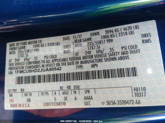 2018 Ford Escape, VIN: 1FMCU0HD2JUA90542