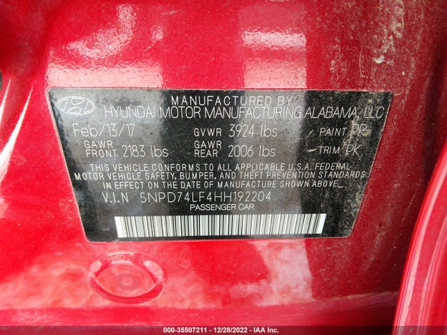 2017 HYUNDAI ELANTRA SE VIN: 5NPD74LF4HH192204