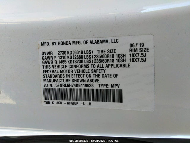 2019 Honda Odyssey, VIN: 5FNRL6H74KB119628