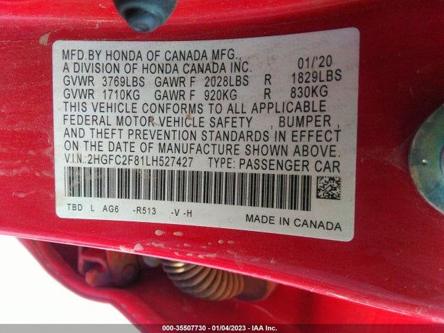 2020 HONDA CIVIC SEDAN SPORT VIN: 2HGFC2F81LH527427
