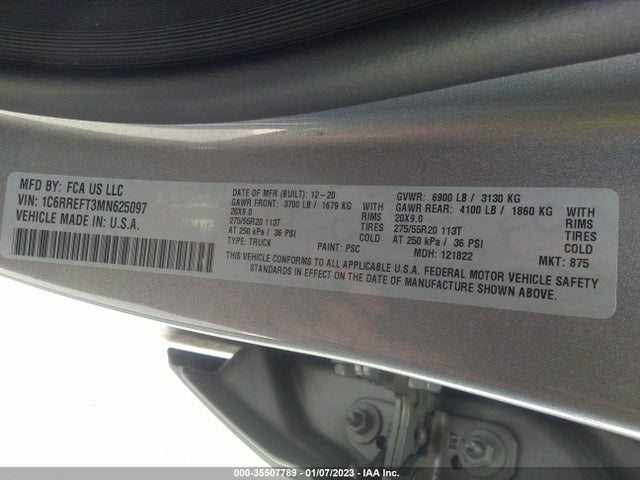 2021 RAM 1500 LONE STAR VIN: 1C6RREFT3MN625097